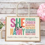 Personalized Colorful She Is Strong Beautiful Jute Canvas Tote Bag With 1-16 Names Mother's Day Birthday Gift for Mom Grandma
