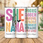 Personalisierte bunten Buchstaben Sie ist Mama 20oz Skinny Tumbler mit 1-16 Kinder Namen und Bibelvers Muttertag christliches Geschenk für Mama Oma