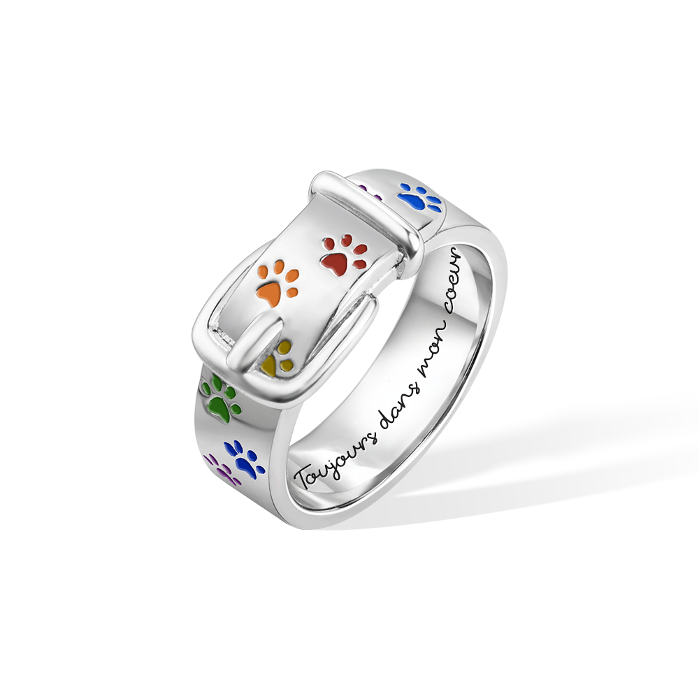 Bague Commémorative Personnalisée avec Texte et Patte en Collier de Chiot Couleurs Arc-en-Ciel Cadeau pour Amoureux des Chiens Perte Animal