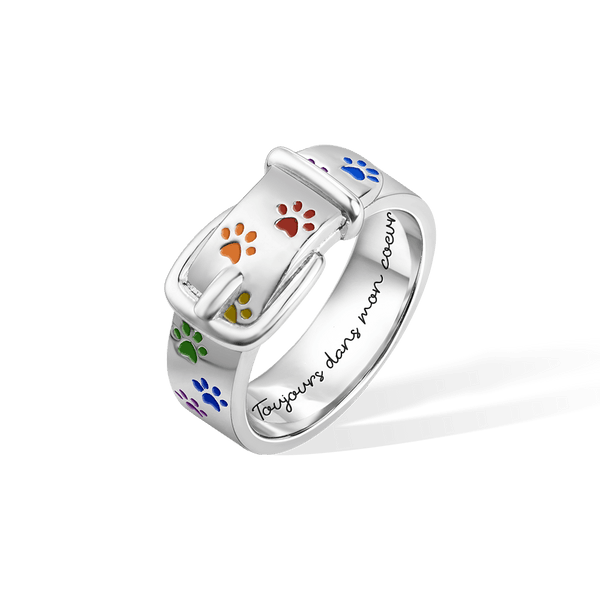 Bague Commémorative Personnalisée avec Texte et Patte en Collier de Chiot Couleurs Arc-en-Ciel Cadeau pour Amoureux des Chiens Perte Animal