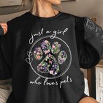 Personalised Just A Girl Who Loves Pets Floral Paw Print T-shirt Sweatshirt with Dog Cat Ears and Names on Sleeves Gift for Fur Baby Mom Pet Lovers