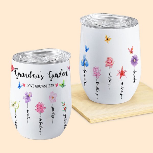 Vaso de Vino de 12oz Personalizado Grandma's Garden Birth Flower Día de la Madre Regalo de Cumpleaños para Mujer