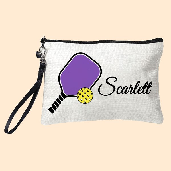 Personalized Multicolor Pickleball Linen Cosmetic Makeup Bag with Name and Wrist Strap Birthday Team Gift for Pickleball Player Lover