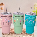 Personalized Birth Flower 30oz Stainless Steel Tumbler with 1-14 Names and Straw Birthday Mother's Day Gift for Mom Grandma