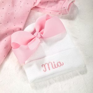 Gorro de punto con nombre bordado y lazo rosa personalizado para bebé niña Regalo de Baby Shower para recién nacido