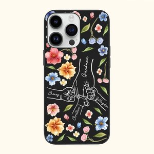 Personalized Holding Hands Watercolor Flower Black Phone Case for iPhone Mother's Day Birthday Gift for Her