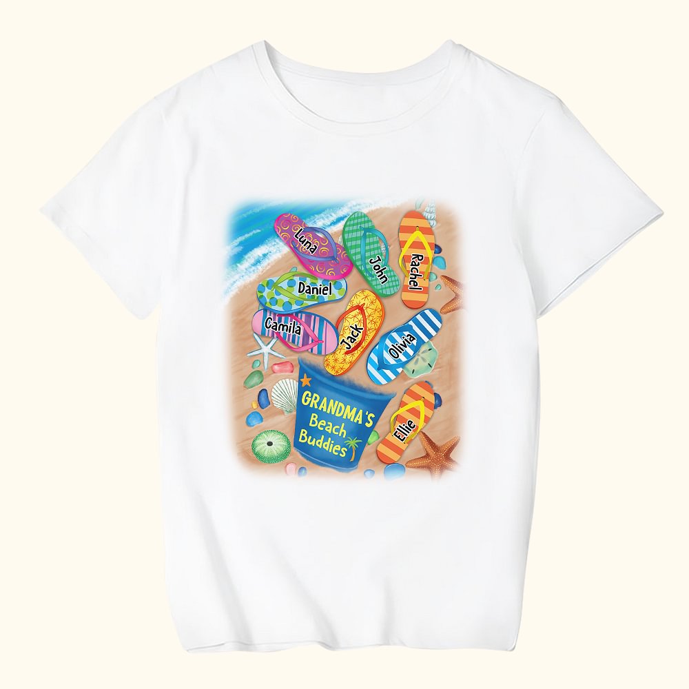 T-shirt Enfant 100% Coton Personnalisé avec 1-8 Noms Thème Tongs de Plage Cadeau Fête des Mères Fête des Pères pour Famille