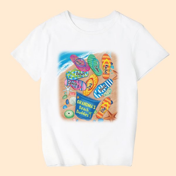 Camiseta infantil personalizada con diseño de zapatilla de playa 100% algodón con 1-8 nombres Regalo para el Día de la Madre Día del Padre para niños
