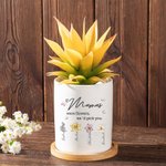 Personalized 1-16 Watercolor Birth Flowers Ceramic Plant Pot with Bamboo Base and Drainage Hole Mother's Day Birthday Gift for Mom Grandma