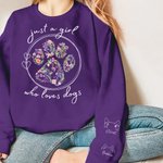 Personalised Just A Girl Who Loves Pets Floral Paw Print T-shirt Sweatshirt with Dog Cat Ears and Names on Sleeves Gift for Fur Baby Mom Pet Lovers