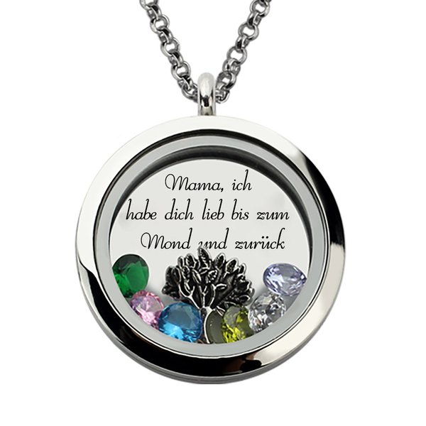 Personalisierte Halskette mit 1-7 Geburtssteinen und Lebensbaum in Schwebendem Medaillon Geschenk für Mutter Oma