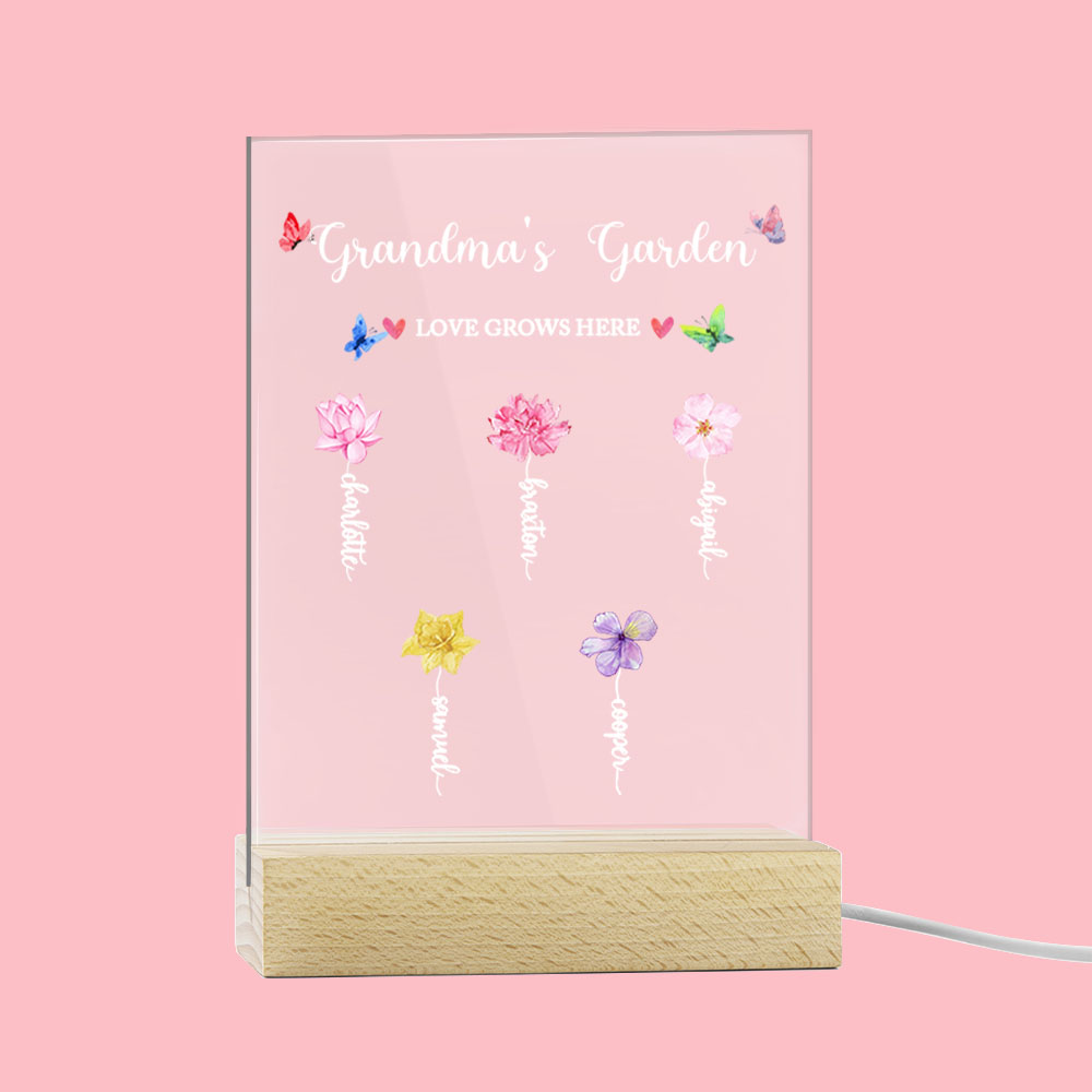 Plaque Acrylique avec Lumière LED Personnalisée avec Nom et Fleur de Naissance Colorée Cadeau de Fête des Mères pour Mère et Grand-mère
