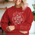 Personalised Just A Girl Who Loves Pets Floral Paw Print T-shirt Sweatshirt with Dog Cat Ears and Names on Sleeves Gift for Fur Baby Mom Pet Lovers