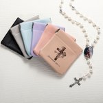 Personalized Cross and Birth Flower Bouquet Leather Rosary Pouch with Squeeze Top Christian Confirmation Gift for Women