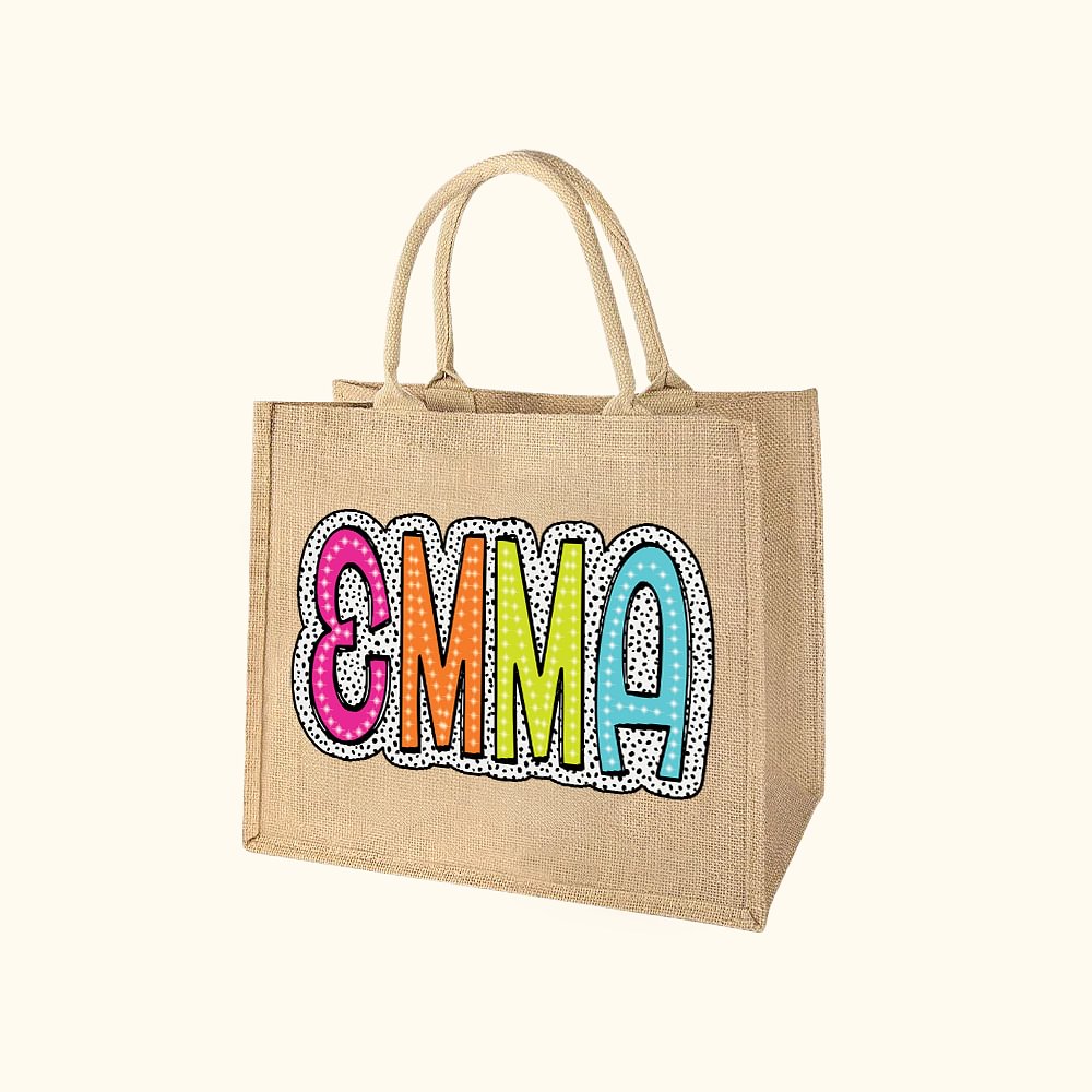 Sac à Main en Toile de Jute Personnalisé avec Nom Multicolore en Points Dalmatiens Sac de Grande Capacité Cadeau d'Anniversaire pour Femme