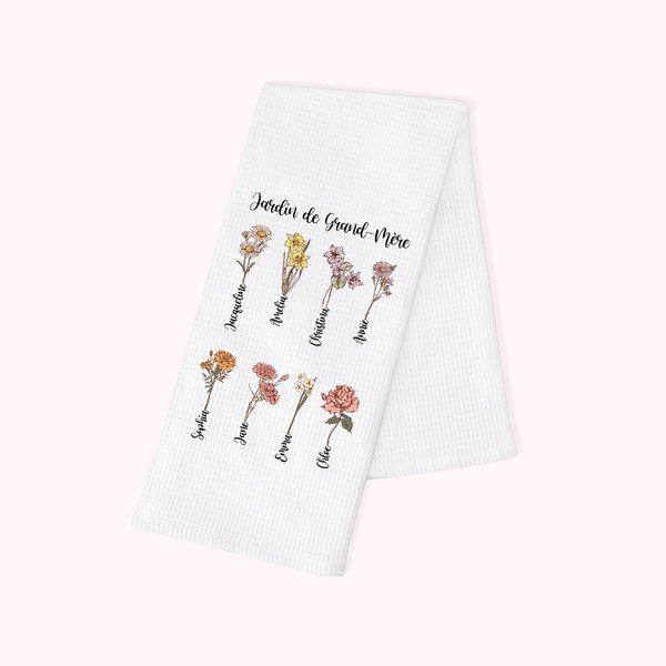 Serviette Cuisine Personnalisée avec 1-15 Noms Fleurs de Naissance Torchon Blanc Super Absorbant Cadeau Fête des Mères pour Maman Amoureuse de Cuisine