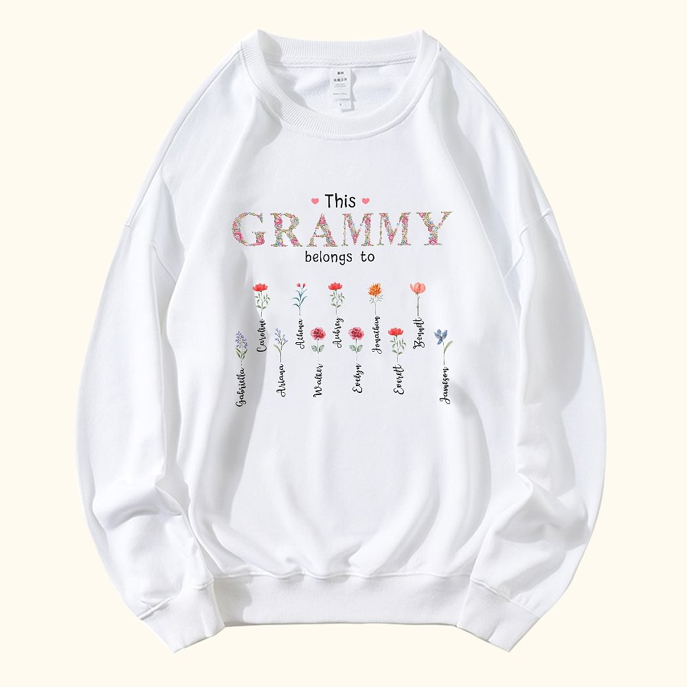 Sweatshirt Personnalisé avec 1-16 Noms et Fleurs de Naissance This Mom Belongs To Cadeau Anniversaire Fête pour Maman Grand-Mère