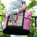 Personalized Colourful Letter She Is Mummy Tote Bag with Nickname and 1-16 Kid Names Mother's Day Birthday Gift for Mom Grandma