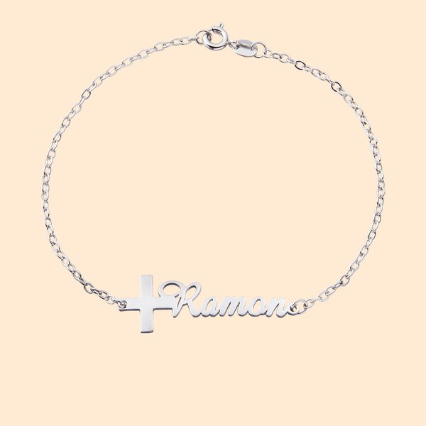 Bracelet Personnalisé avec Prénom Sculpté Bracelet avec Croix Cadeau Anniversaire Baptême Religieux pour Chrétienne Femme