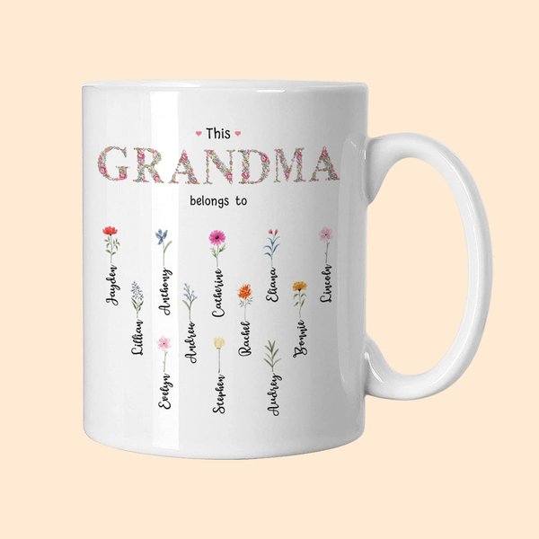 Personalisierte Diese Oma Mama gehört zu Keramik-Becher mit 1-16 Geburt Blumen und Namen Muttertag Geschenk für sie