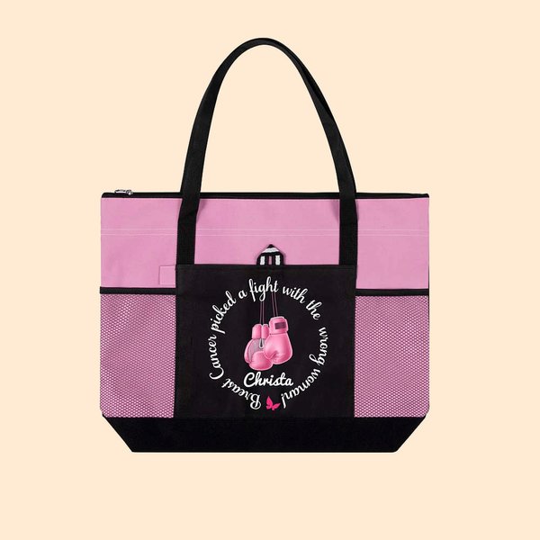 Personalised Breast Cancer Picked A Fight with the Wrong Woman Tote Bag with Name Mesh Pockets Chemotherapy Care Gift for Her