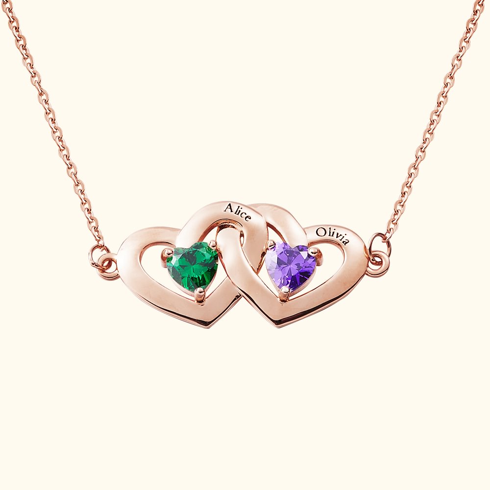 Collier en Double Coeur Personnalisé avec Pierres de Naissance et Nom Gravé Cadeau d'Anniversaire de St Valentin pour Elle