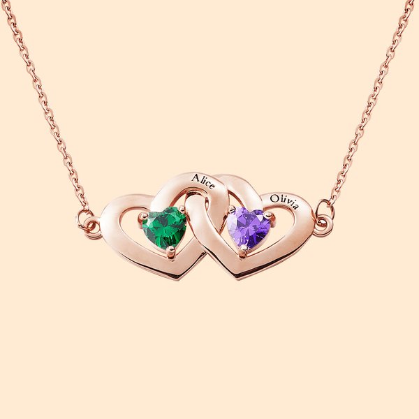 Interlock Heart Necklace with Birthstone & Engraved Name