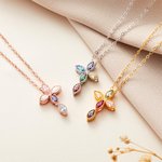 Personalised Mini Cross Pendant Necklace with 1-5 Family Birthstones Christening Gift for Woman