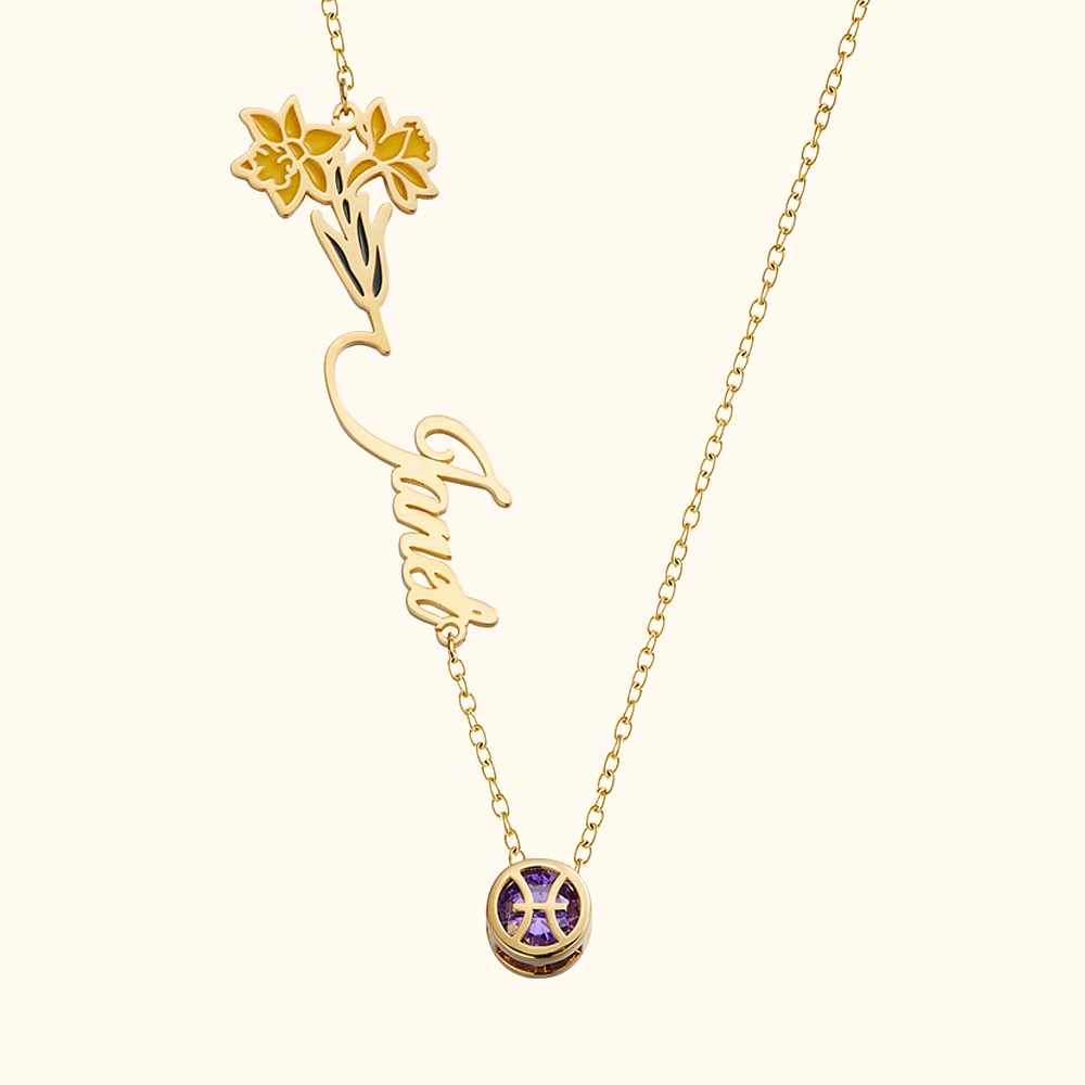 Collier Personnalisé avec Prénom Fleur de Naissance Signe Astrologique Cadeau Anniversaire Fête pour Femme