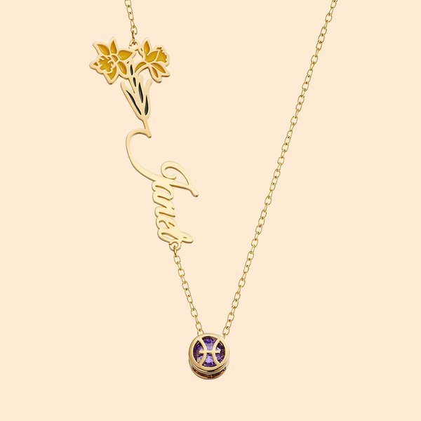 Collana personalizzata del segno zodiacale del fiore di nascita con nome laterale Regalo di compleanno anniversario per lei