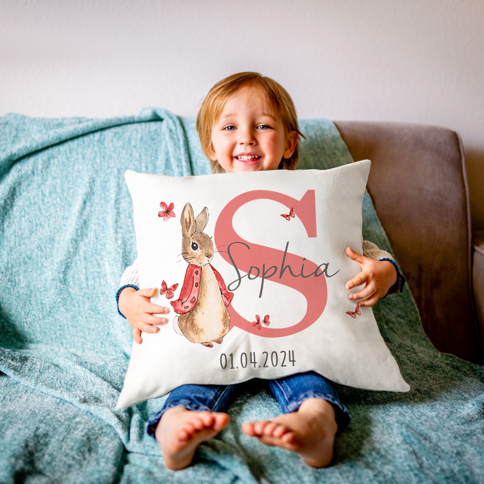 Personalized Multicolor Peter Rabbit Bunny Throw Pillow Cover with Name ...