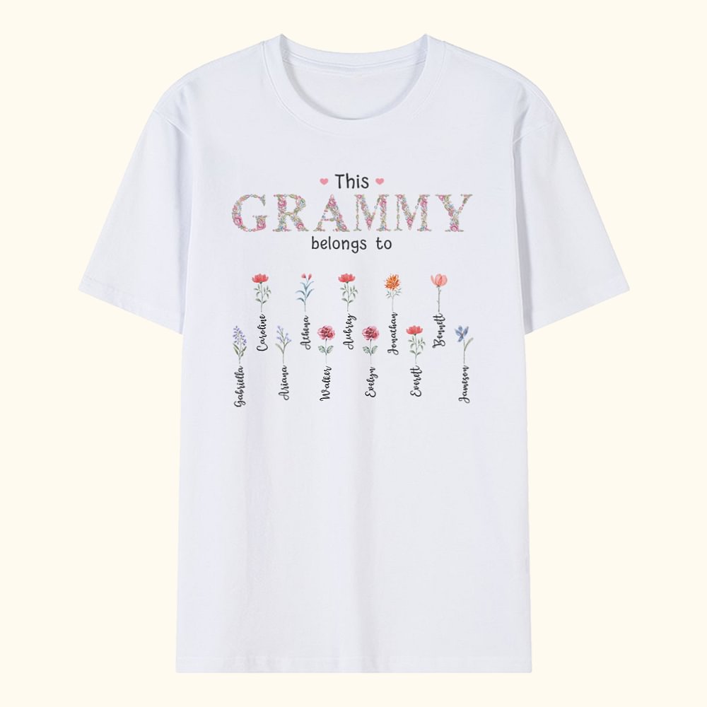 T-shirt Personnalisé avec 1-16 Noms et Fleur de Naissance Vêtement pour Femme This Grammy Belongs To Cadeau Anniversaire Fête des Mères