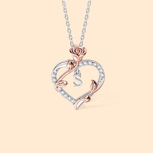 Personalisierte Halskette mit Rose-Initiale-Herz-Anhänger Zirkon Muttertag Geburtstag Geschenk für Frau