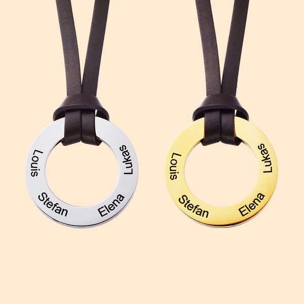 Collana con ciondolo a cerchio personalizzato con cordoncino in pelle con 1-4 nomi incisi regalo per festa del papà anniversario per famiglia