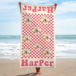 Personalisierte schnell trocknende Retro 70er Jahre Stil Schachbrettmuster Mikrofaser Strandtuch mit Geburt Blume und Name Sommer Reise Essentials Ges