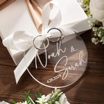 Personalized Clear Acrylic Wedding Ring Holder Plate with Ribbon and Engraved Name Date Location Engagement Wedding Gift for Couple