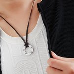 Personalized Circle Pendant Leather Cord Family Necklace with 1-4 Engraved Names Father's Day Anniversary Gift for Man