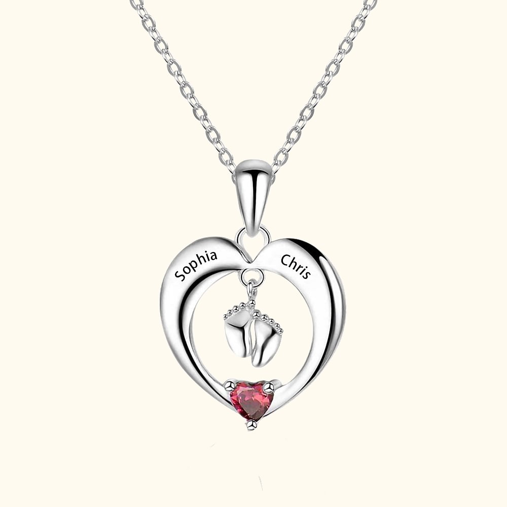 Collier Coeur de Pierres de Naissance Personnalisé avec Noms Gravés Pendentif Pieds de Bébé Cadeau d'Anniversaire Fête des Mères pour Nouvelle Maman