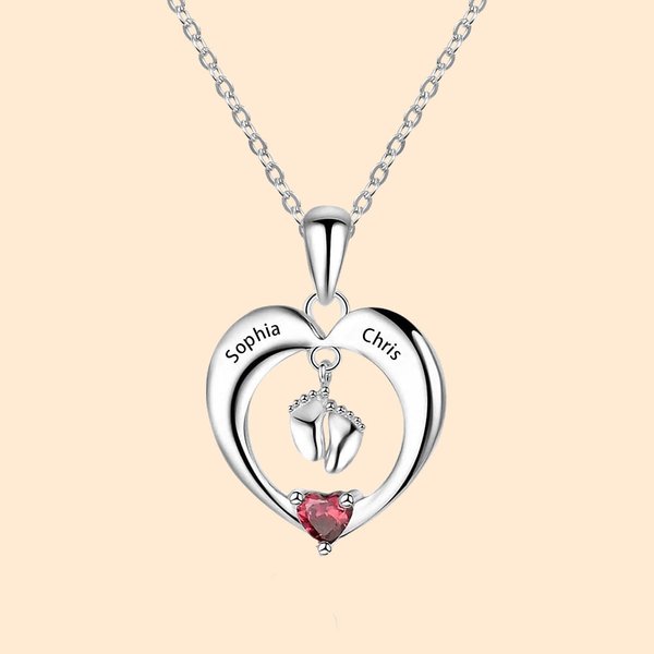 Collier Coeur de Pierres de Naissance Personnalisé avec Noms Gravés Pendentif Pieds de Bébé Cadeau d'Anniversaire Fête des Mères pour Nouvelle Maman