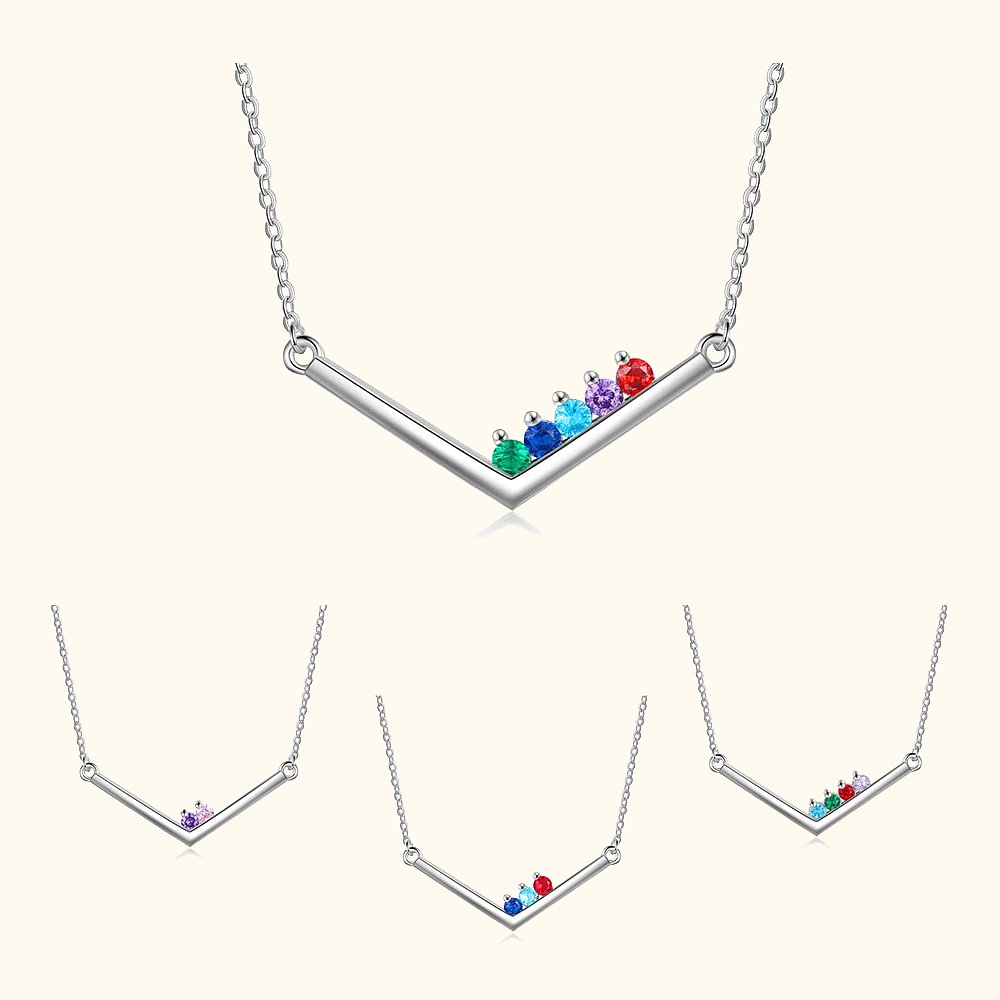 Collier Pendentif Forme V Personnalisé avec Pierres de Naissance Cadeau Fête Anniversaire pour Femme