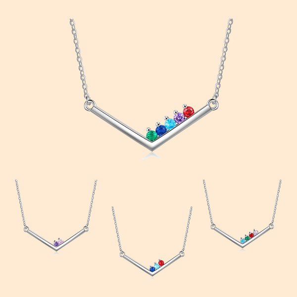 Collier Pendentif Forme V Personnalisé avec Pierres de Naissance Cadeau Fête Anniversaire pour Femme