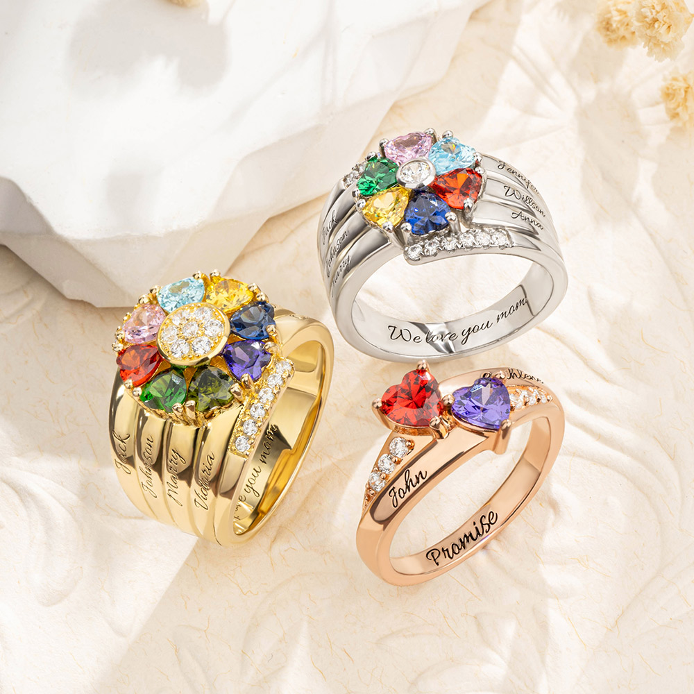 Callie Mother's Ring With Children Names and Heart Birthstones