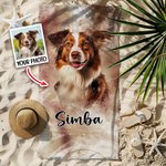 Personalized Super Absorbent Quick Dry Watercolor Pet Portrait Photo Beach Towel with Name Vacation Party Gift for Pet Lovers Owners
