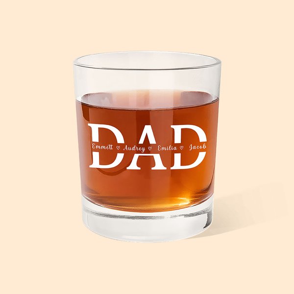 Bicchiere da whisky da 10 oz moderno e minimalista personalizzato con titolo e 1-12 nomi Regalo di compleanno per la festa del papà nonno