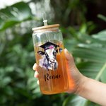 Bicchiere di vetro personalizzato Highland Cow da 12 oz 16 oz 20 oz con coperchio in bambù e cannuccia Regalo di laurea per laureati classe 2025