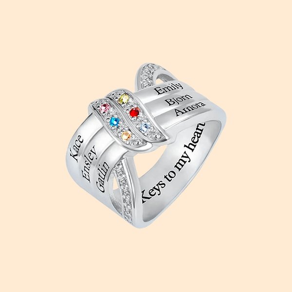 Personalized Ribbon Knot Ring with 1-8 Birthstones and Engraved Names Zircon Family Jewelry Mother's Day Birthday Gift for Mom Grandma
