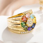 Personalized Sterling Silver Heart Birthstone Ring with 1-8 Engraved Names and Text Mother's Day Birthday Gift for Her