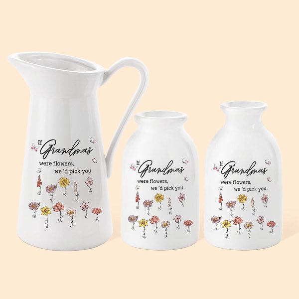 Vase en Céramique Personnalisé avec 1-16 Noms et Fleurs de Naissance Décoration Intérieure Cadeau de Fête des Mères pour Maman Grand-mère