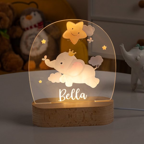 Veilleuse Acrylique Personnalisée avec Nom Éléphant Lion Décoration de Chambre d'Enfant Cadeau Anniversaire Baptême pour Bébé Enfant