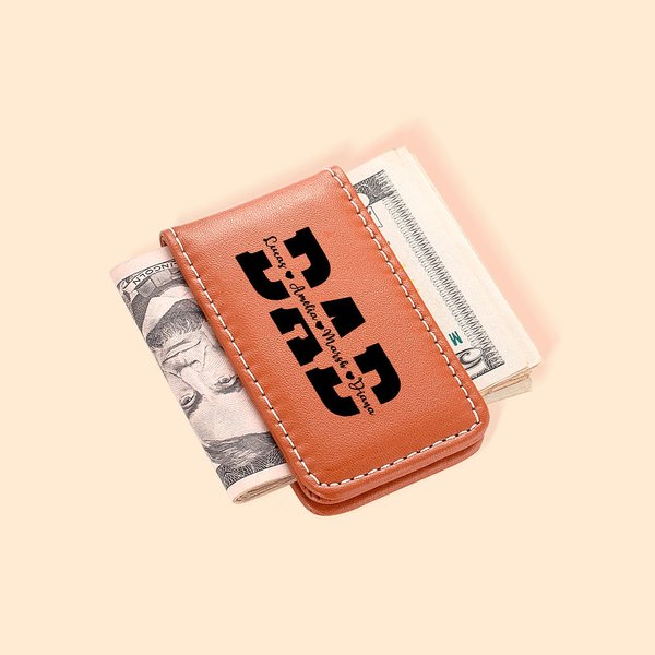 Clip Magnétique en Cuir Personnalisé avec 1-6 Noms et Titres Gravés Cadeau d'Anniversaire de Fête des Pères pour Papa Grand-père